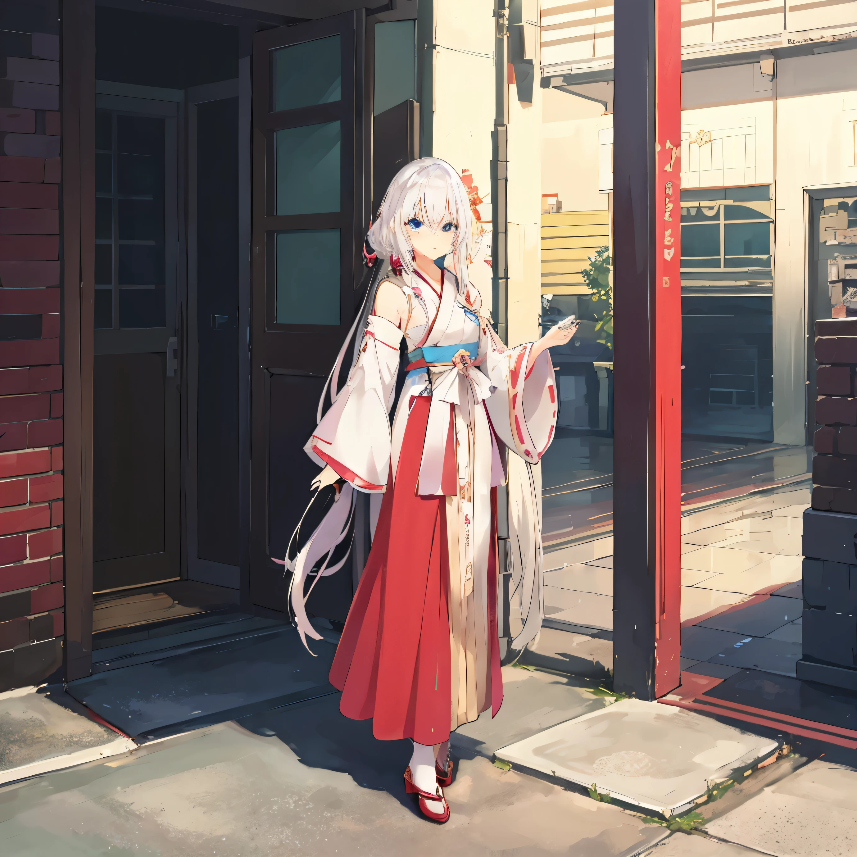 Anime girl costume standing outside building, Sword and Fairy, sportrait, style of anime 4 k, Long white hair, A foreigner wearing a Han robe, detailed art, wearing a hanfu, Anime visuals of a cute girl,, style of anime. 8K, 宮 , 一个wearing a hanfu的女孩