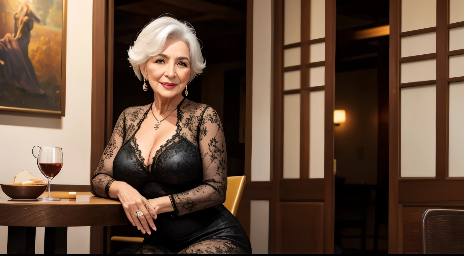 Aos 66 anos, This woman parades with confidence and captivating sensuality in the cozy atmosphere of a coffee shop, vestindo um deslumbrante vestido longo de seda cor vinho. Seu traje, escolhido com maestria, destaca suas curvas de maneira envolvente, revealing a subtle neckline that adds an irresistible hint of sensual authenticity. O tecido luxuoso do vestido harmoniza-se com o ambiente aconchegante da cafeteria, combining the serenity of age with modern elegance.
In the relaxed atmosphere of the place, your presence stands out gracefully, complementing the beauty of the scenery. Every step she takes is a celebration of a life rich in experiences, e seus cabelos grisalhos, delicadamente arrumados, add a layer of sophistication and serenity to your image. Seu sorriso, illuminated by vivid memories, reflects not only beauty, but also an unshakable confidence.
Os olhos, agora mais serenos e expressivos, captam a atmosfera calorosa da cafeteria, revealing a woman who embraces modernity with grace even in more intimate environments. A pele, a tapestry of stories and experiences, resplandece sob a luz suave do local, highlighting your unique authenticity. This enhanced portrait highlights this older woman's compelling presence, sublinhando sua beleza cativante que se destaca de maneira elegante no ambiente acolhedor da cafeteria, a true muse of sophistication and confidence.