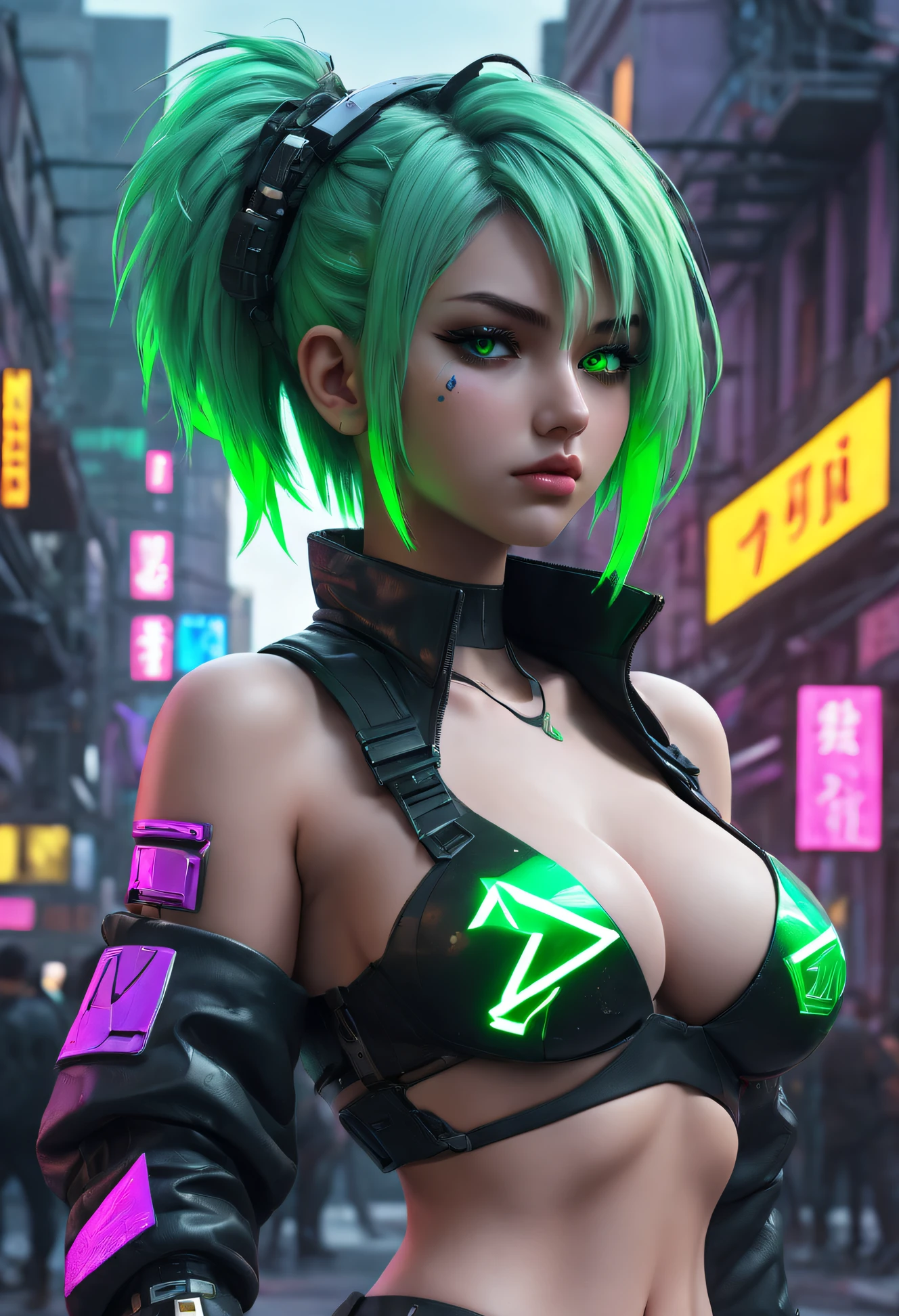 1 busty girl, cyber punk style, neonlight (Green:0.9) Letter N made of broken glass on cyberpunk street, The beautiful, Cyberpunk girl standing on the street, Cute cyberpunk girl, The beautiful eyes, 4k eyes, The beautiful face, Full body lesbian, , long (The purple:0.8) the hair, Normal eyes, A high resolution, Elegant, artistic, Creative, Detailed pubic hair, 8K, Be expressive, intricately details, tmasterpiece