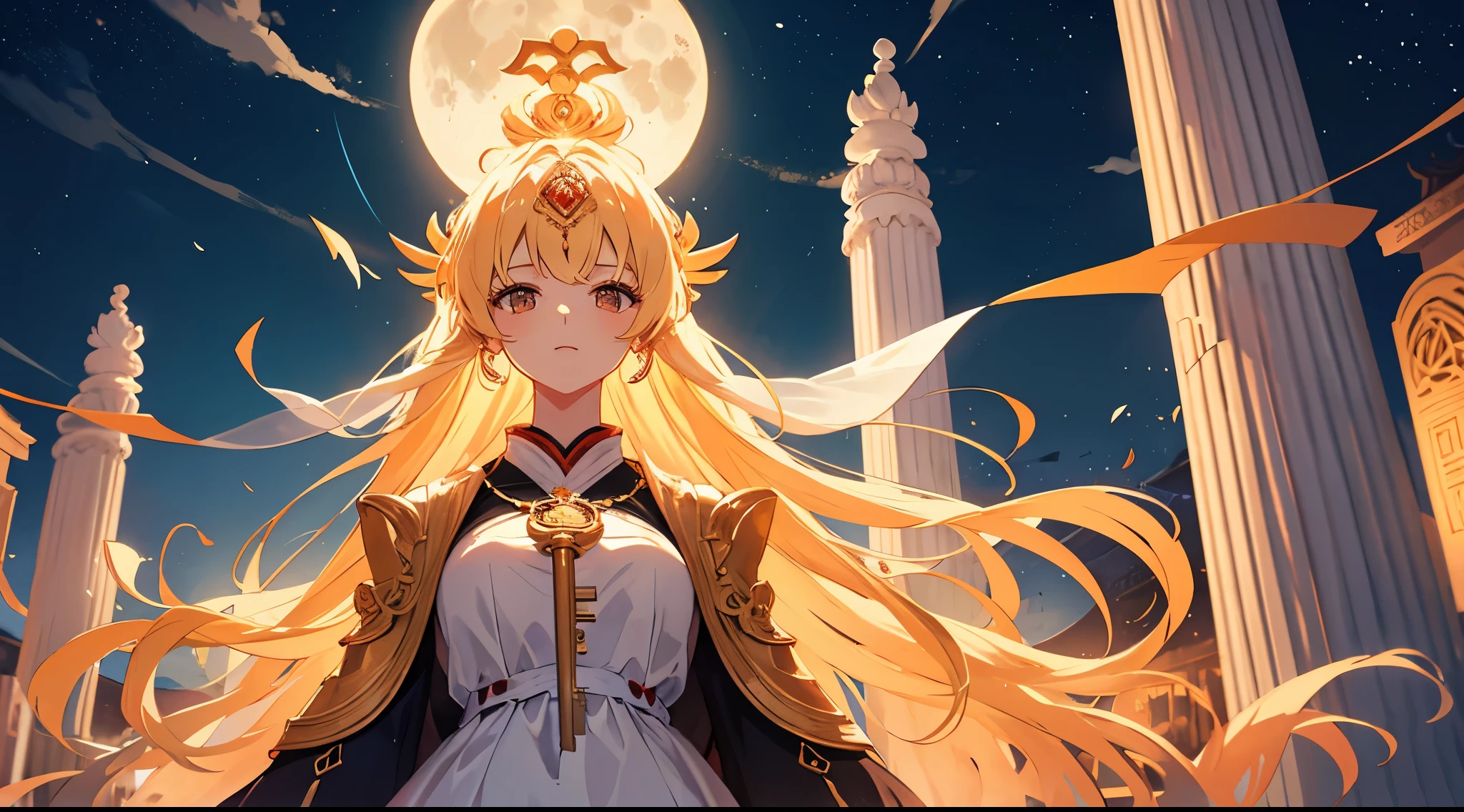 Masterpiece, best quality, Gigantic Key staff, Harvest Moon, White headphone, blonde, Korean, beautiful face, tall, slender, goddess of the moon, detailed face, moon temple, full body, Orange Moon