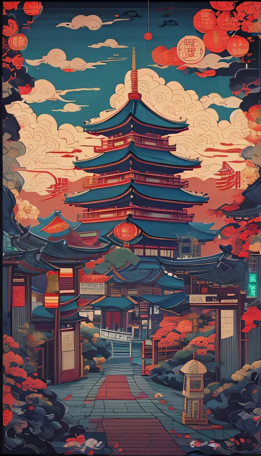 a poster of a street alley with street food, chinesse art style, traditional chinesee inspired poster, studio ghibli and dan mumford, chinese poster, eastern art style, kyoto inspired, inspired by Torii Kiyomasu, inspired by Yoshida Hanbei, inspired by Torii Kiyomitsu, inspired by Utagawa Hiroshige II, riental chinesse style, red background