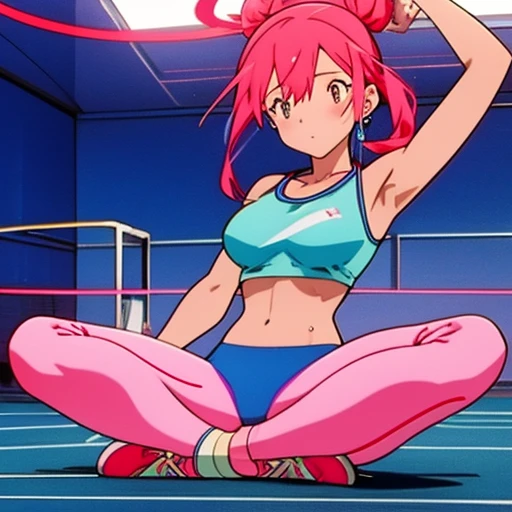 fitness gym　sweaty yoga、Light Blue Fitness Wear　Use English character patterns　Pink leggings、White ankle socks、Navel Ejection、 pinkcolor　Longhair　Hair Retention Pin、wrist watch、Colossal tits　Whip whip、sapphire earrings、Sports Necklaces、Armpit　sitting on、Kamimei、red eye information