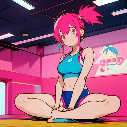 fitness gym　sweaty yoga、Light Blue Fitness Wear　Use English character patterns　Pink leggings、White ankle socks、Navel Ejection、 pinkcolor　Longhair　Hair Retention Pin、wrist watch、Colossal tits　Whip whip、sapphire earrings、Sports Necklaces、Armpit　sitting on、Kamimei、red eye information