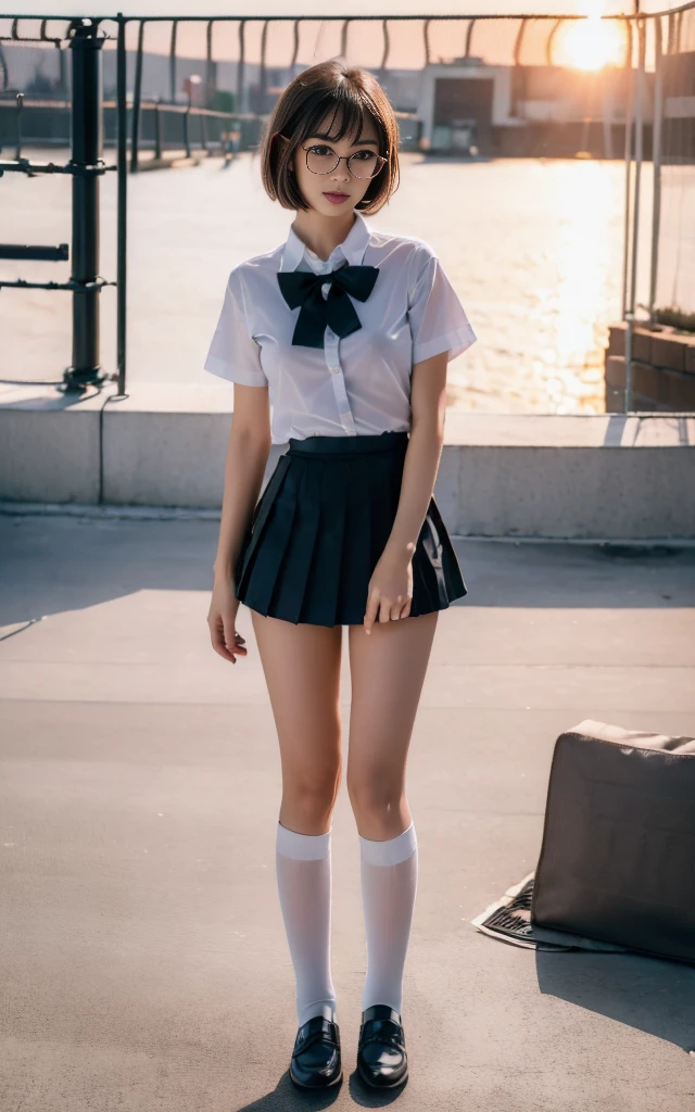 8k,cinematic lighting,top-quality,Top image quality,masterpiece,best quality,depth of field,ultra-detailed,from below,Standing,mideum shot,full body,1girl,Japanese,32 years old,(Gyaru:1.2),(Black hair,very short messy bobcut:1.2),(Oval light brown cell frame glasses:1.2),detailed brown eyes,(slender body:1.2),((flat chest:1.5)),slightly large hip,(tanned skin), (School Rooftop:1.1),sunset,magic hour,(blushing:1.4), JP SCHOOL UNIFORM,face,looking at viewer,no bra,nIpples_visible_through_clothing,(dark check skirt),school tie,white shirts,