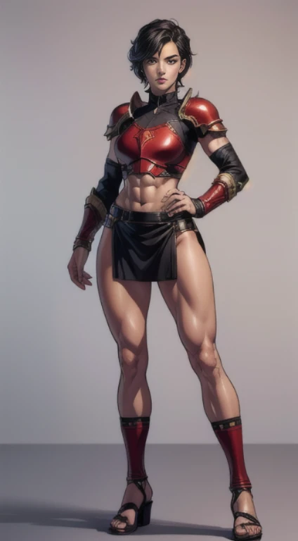 no background, background clean, standing character full body ((solo)), warrior female beautiful adult, perfect fitness body, beautiful charming cute face, serious face, short black hair, pretty detail eyes, beautiful detailed lips, extremely detailed eyes and face, red armor amazon, bare legs, leather sandals