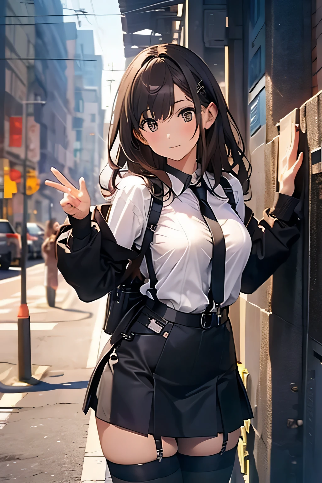 Brown hair、watching at viewers black suspenders bulging big tits walls: Black miniskirt garters Gaze a small face bangss holster Beautuful Women Hands up レッグholster ベッドに横たわる Gaze black boots panty shot Provocation flank flank汗 Soio arms are