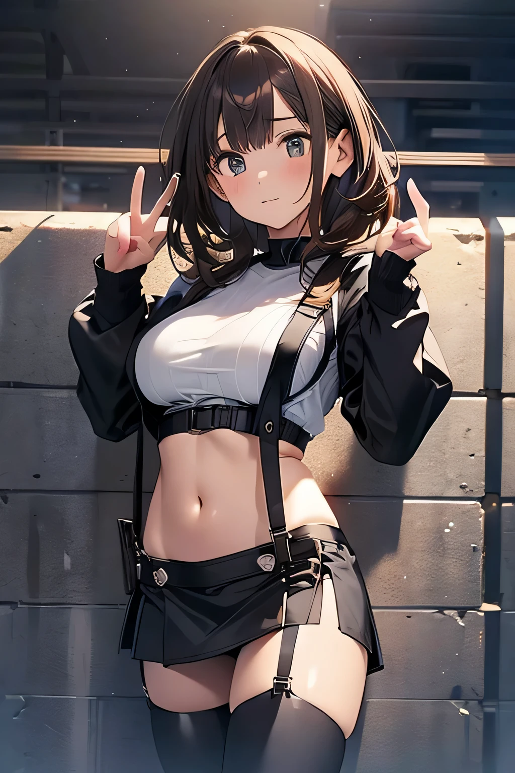 Brown hair、watching at viewers　　　black suspenders　　　bulging big tits　　 　 　　　walls: 　Black miniskirt　garters　　　　　　Gaze　　　a small face　bangss 　　　holster　　　Beautuful Women　　Hands up　　レッグholster ベッドに横たわる　　Gaze 　black boots panty shot　Provocation　flank　flank汗　Soio 　arms are
