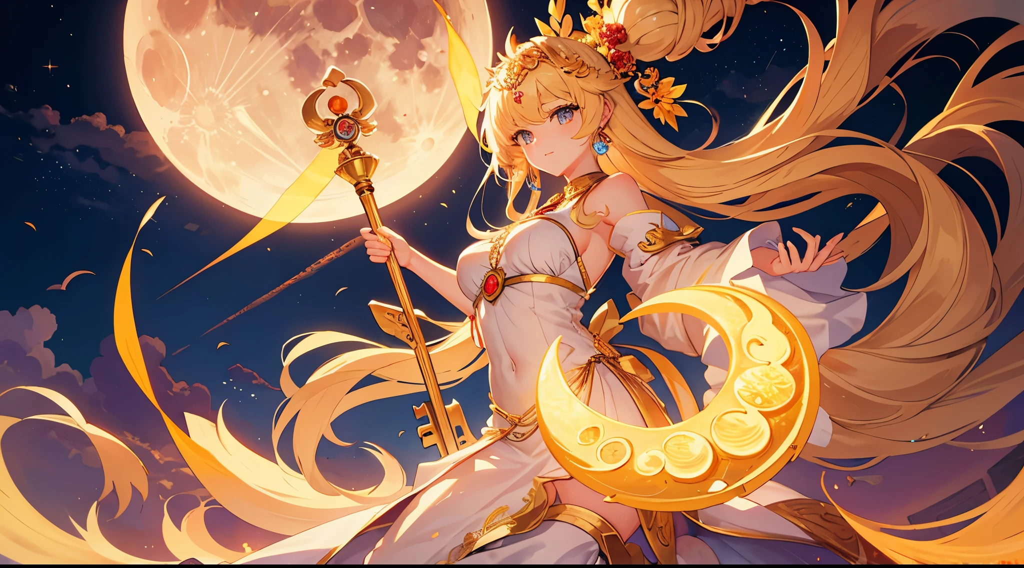 Masterpiece, best quality, Gigantic Key staff, Harvest Moon, White headphone, blonde, Korean, beautiful face, tall, slender, goddess of the moon, detailed face, moon temple, full body, Orange Moon