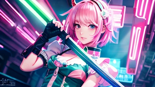 Anime style、cyberpunked、red green blue keynote、Beautiful girl with light pink hair、maid clothes、２Hold the sword、pc wallpaper
