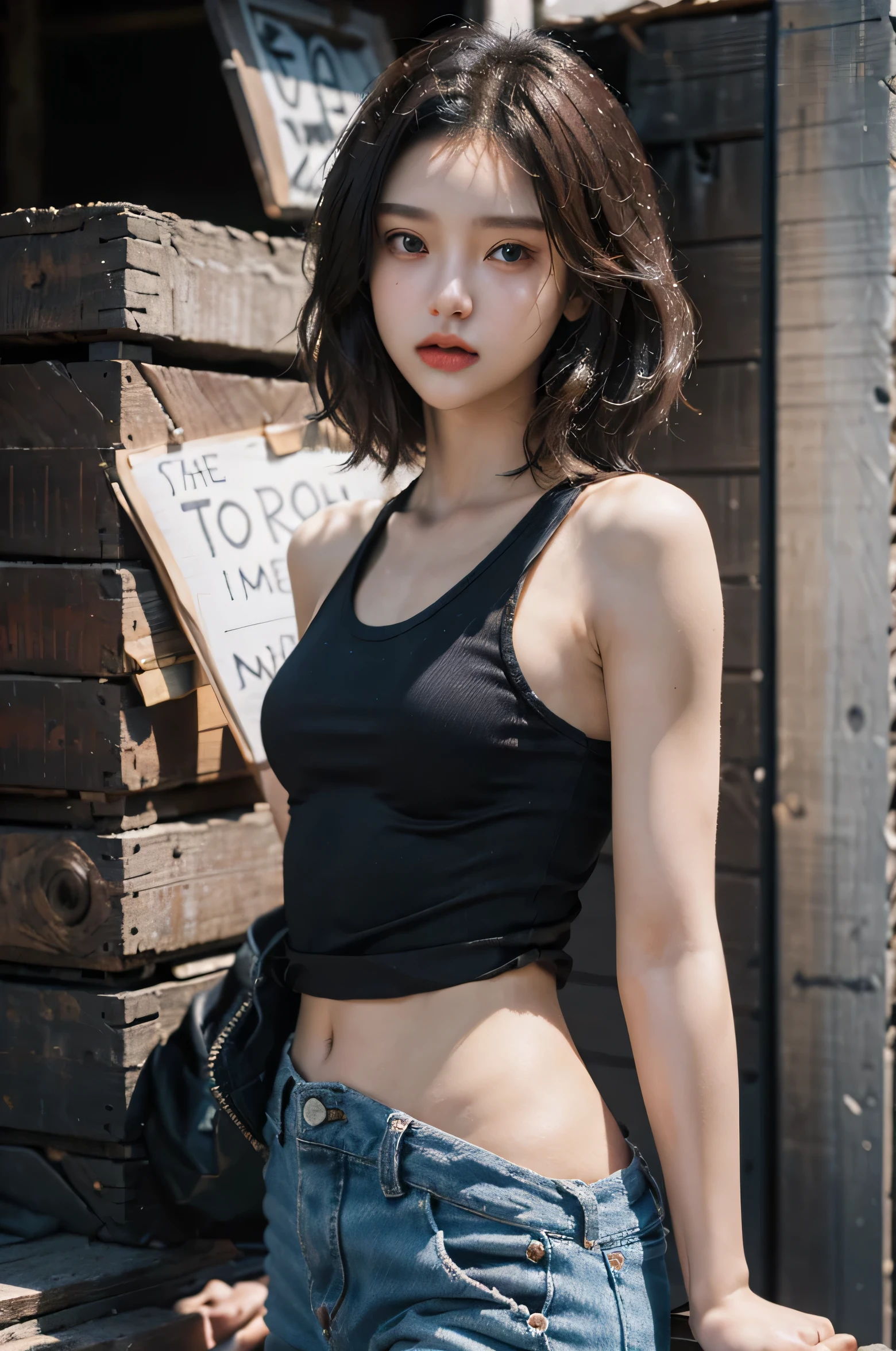 ((middlebreast, tomboyish girls, small heads)), rays of sunshine, rays of sunshine, (Well-defined abs : 1.1), (perfect body figure : 1.1), (Short hair and wavy hair : 1.2) , auburn hair, collars, Nipple chains, fully body photo, crowding street, wearing a black tank top, Jeans jacket, ((极其细致的CG 8k壁纸), (Extremely Delicately Beautiful), (tmasterpiece), (Best quality:1.0), (ultra A high resolution:1.0),  beautiful light up ,Perfect lightning, realistic shaded, [A high resolution], delicate skin, ultra - detailed