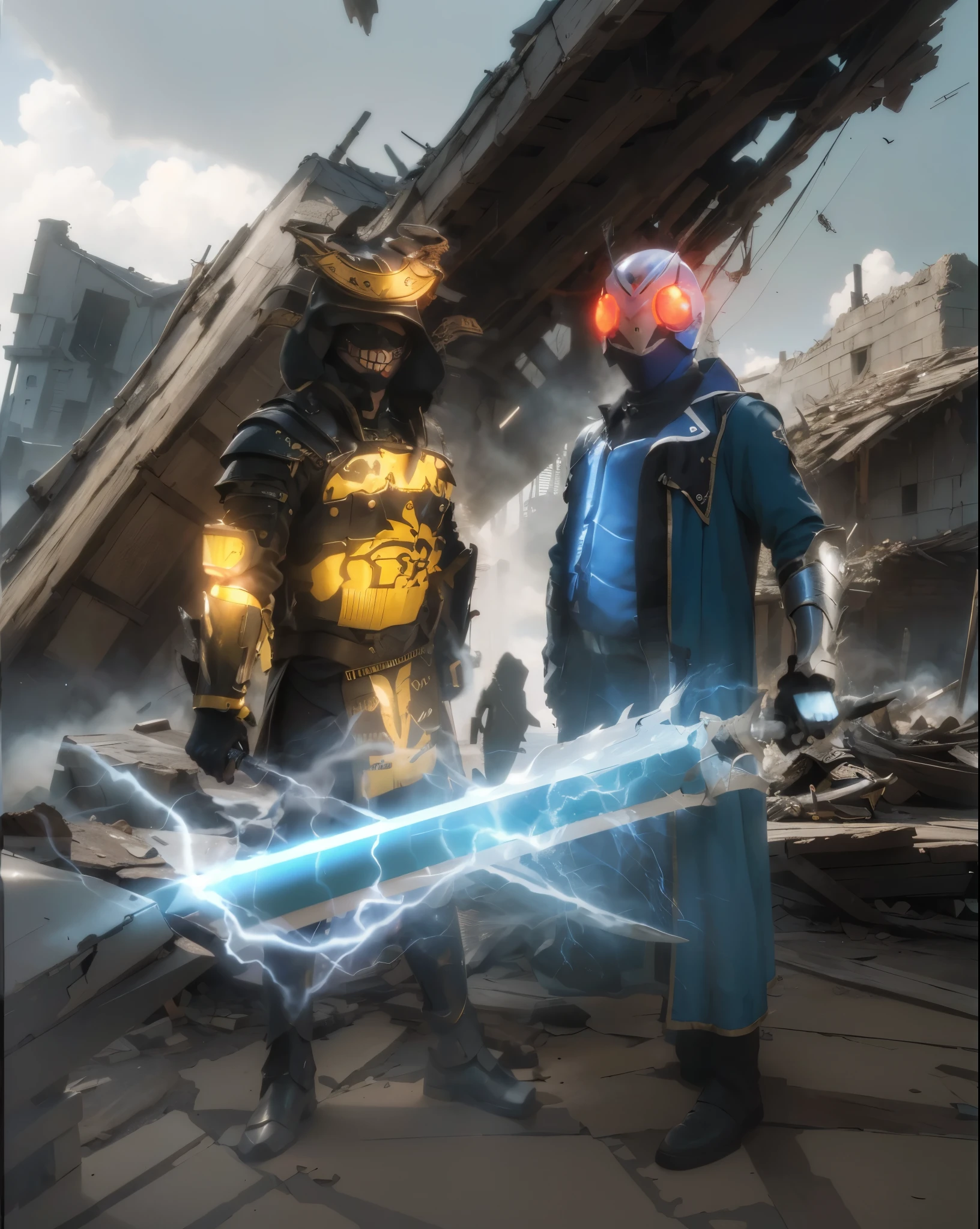 ((Kamen raider)),((realistic, photorealistic)),(highlight)), Light reflection,armor,(( HD )),((upper body)), (((best quality, masterpiece))), (masterpiece) (best quality) (detail) (8k) (HDR) (wallpaper) (cinematic lighting) (sharp focuasterpiece, best quality: 1.1), Masked man, Alucard's sword, light on the armor,Background of destroyed buildings, fallen bridges, scattered wood chips, smoke of destruction, Blue lightning sword, light ,Smoke,