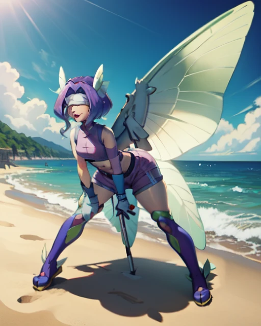 masterpiece,absurdres,best quality, 1boy,solo,Fairimon,2d,full body,  beach background,anime,((Farinomon as a Boy)), Femboy , bottom Heavy, Crop top , Shorts , Hidden eyes, Fairy wings