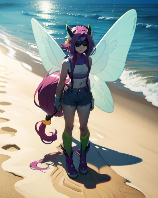 masterpiece,absurdres,best quality, 1boy,solo,Fairimon,2d,full body,  beach background,anime,((Farinomon as a Boy)), Femboy , bottom Heavy, Crop top , Shorts , Hidden eyes, Fairy wings