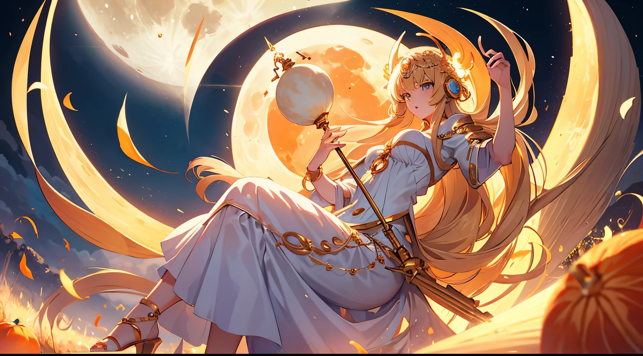 Masterpiece, best quality, Gigantic Key staff, Harvest Moon, White headphone, blonde, Korean, beautiful face, tall, slender, goddess of the moon, detailed face, moon temple, full body, Orange Moon