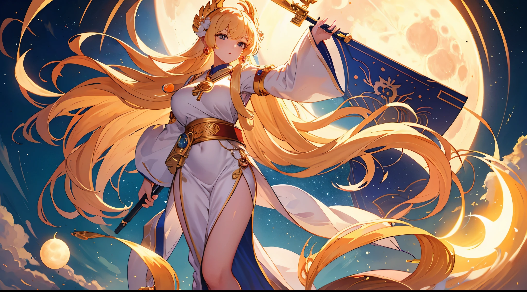 Masterpiece, best quality, Gigantic Key staff, Harvest Moon, White headphone, blonde, Korean, beautiful face, tall, slender, goddess of the moon, detailed face, moon temple, full body, Orange Moon