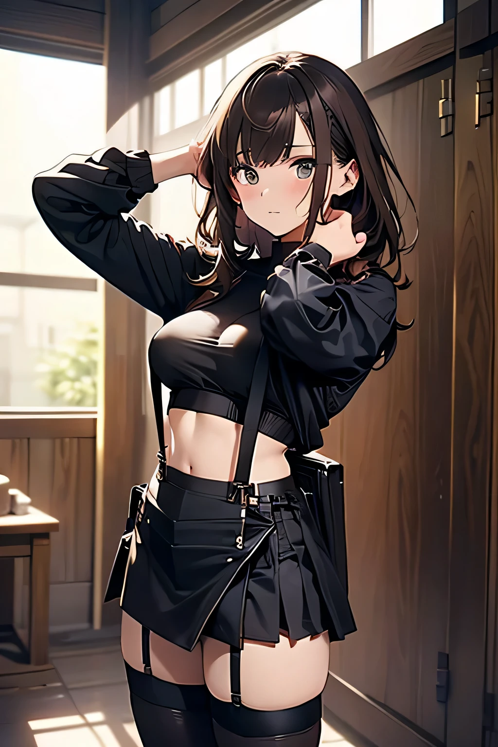 Brown hair、watching at viewers　　　black suspenders　　　bulging big tits　　 　 　　　walls: 　Black miniskirt　garters　　　　　　Gaze　　　a small face　bangss 　　　holster　　　Beautuful Women　　Hands up　　レッグholster ベッドに横たわる　　Gaze 　black boots panty shot　Provocation　flank　flank汗　Soio 　arms are