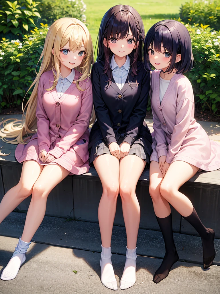 3girls, different hairstyles, different hair color, long, laughing,warm and gentle smile, hair, beautiful background harems　１１Year old girl 　Multiple girls are depicted　校服　blazers　Cardigan　top-quality　​masterpiece　超A high resolution　Huge　Loose socks　pink there　a blond