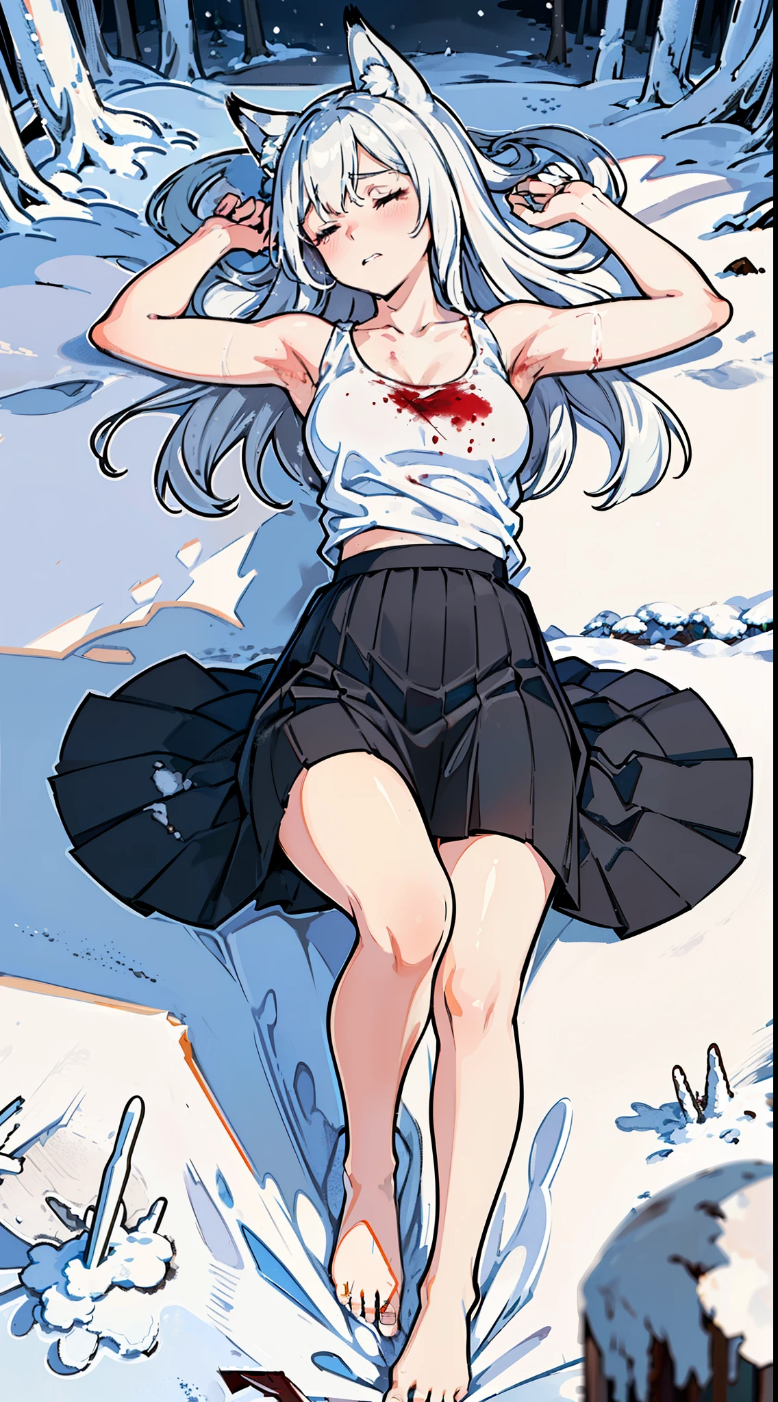 1girl,solo,medium breasts,(white sleeveless and shoulderless t-shirt,clevage,slave's torn black skirt),silver hair,long hair,closed eyes,fox ears,((lying dowm in snow,snowing,inside of a Forest)),from above,(bare feet),((blood,pain,hemorrhage)),crying