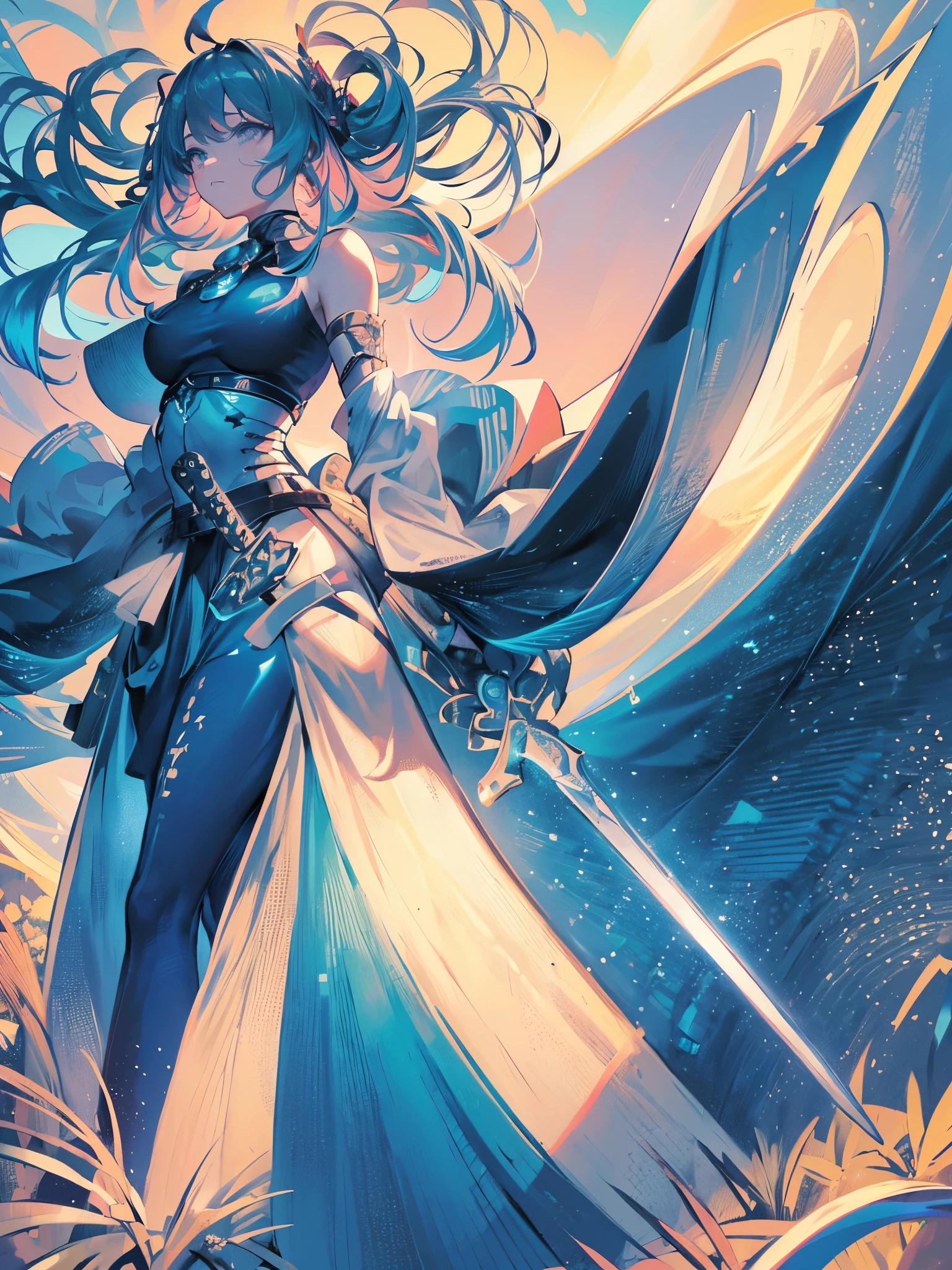Girl with huge hair in movement, ultra-detailed eyes, beaded eyes, seriousness, hero posture, (((a sword in front of her stuck in the ground))), small round breasts, muscular thighs, big ass, leaves flying in the wind and all around, very blue sky, {extremely detailed 16k CG unit wallpaper}, expansive landscape photography, (a view from below focusing on the character and the sky above), (wide view of open field), ( low angle photo), (high light: 1.5), (low light: 1.2), (warm light source: 1.6), complex details, (iridescent colors: 1.5), (bright lighting), (atmospheric lighting), Dreamy , single, facing the viewer