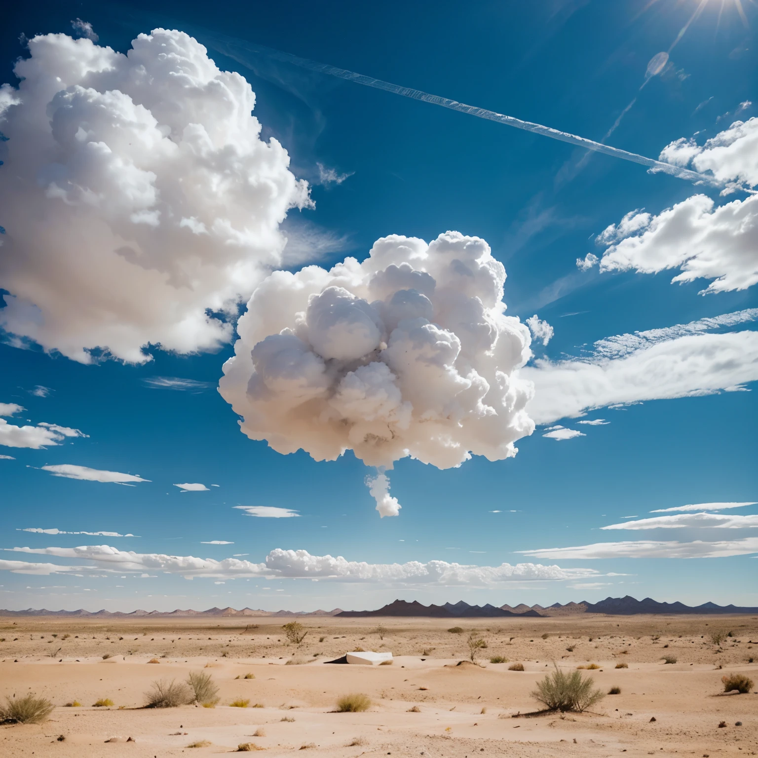 white cotton ball CLOUD in sky above desert landscape