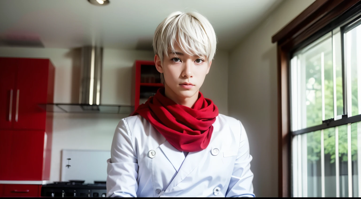 masterpiece, best quality, high quality, 1boy, solo, male focus, looking at viewer, upper body, tsukasa_eishi, white_hair, red_scarf, kitchen