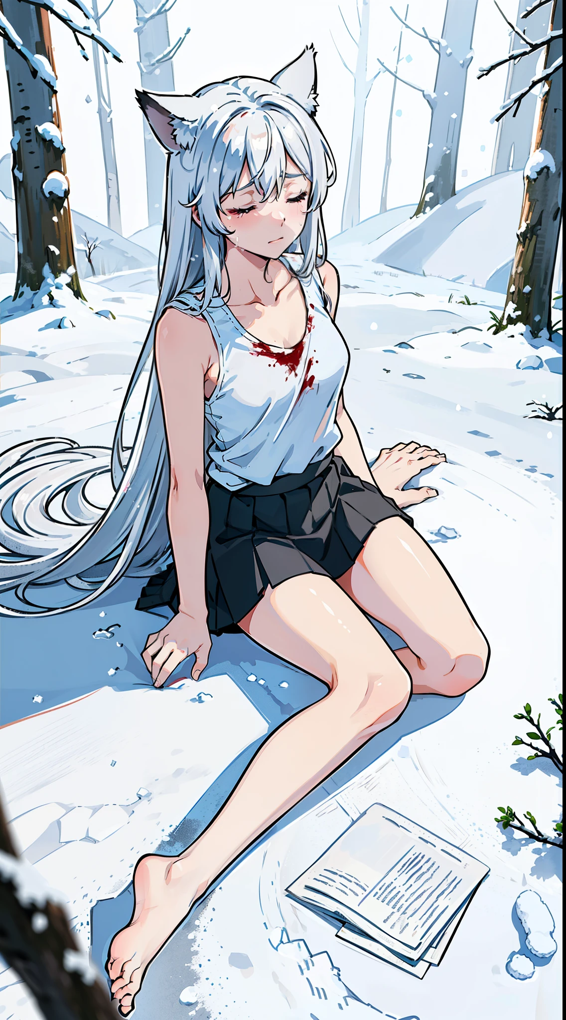 1girl,solo,medium breasts,(white sleeveless and shoulderless t-shirt,clevage,slave's torn black skirt),silver hair,long hair,closed eyes,fox ears,((lyving in snow,snowing,inside of a Forest)),from above,(bare feet),blood,pain,crying,bleeding