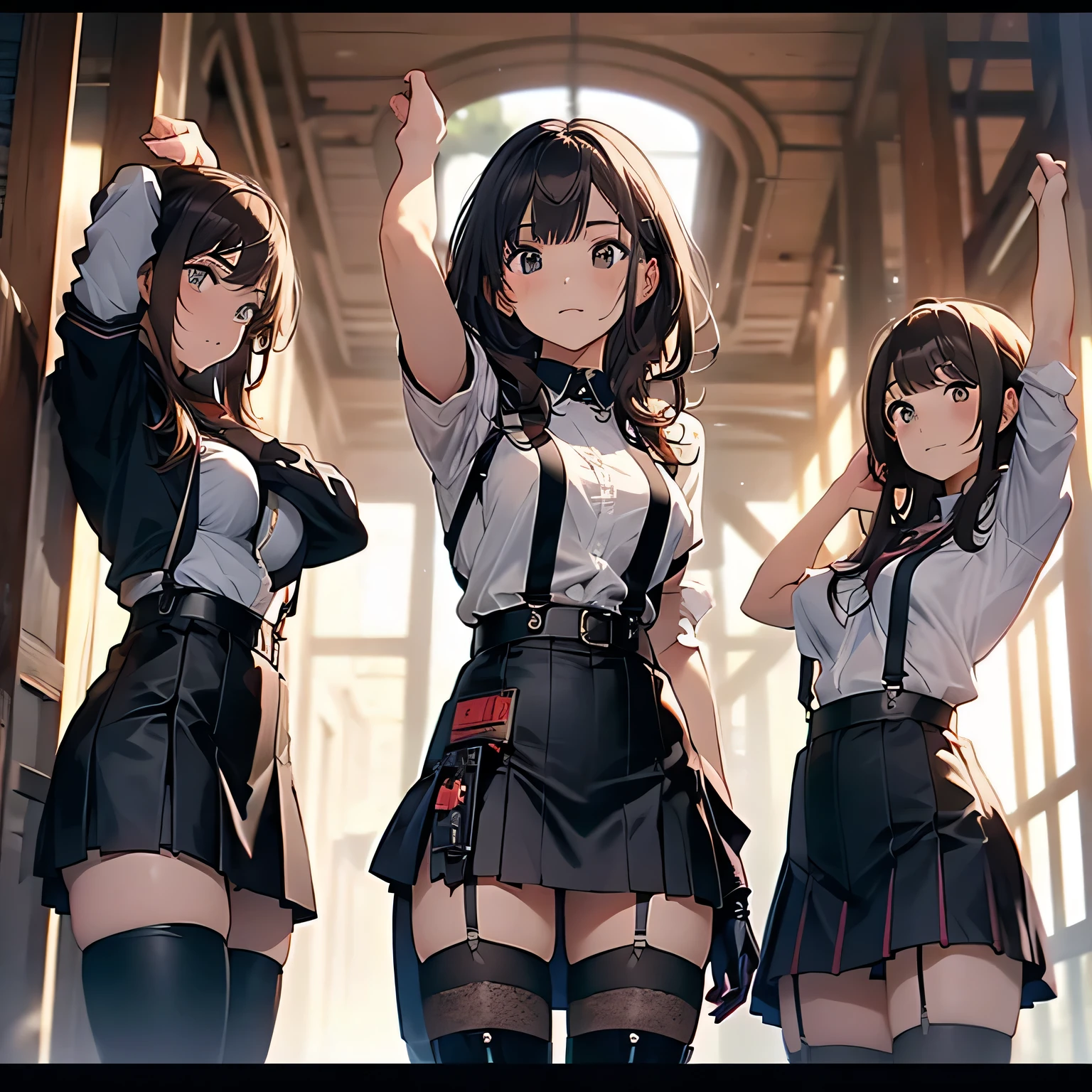 Three girls in school uniforms are posing for a picture - SeaArt AI