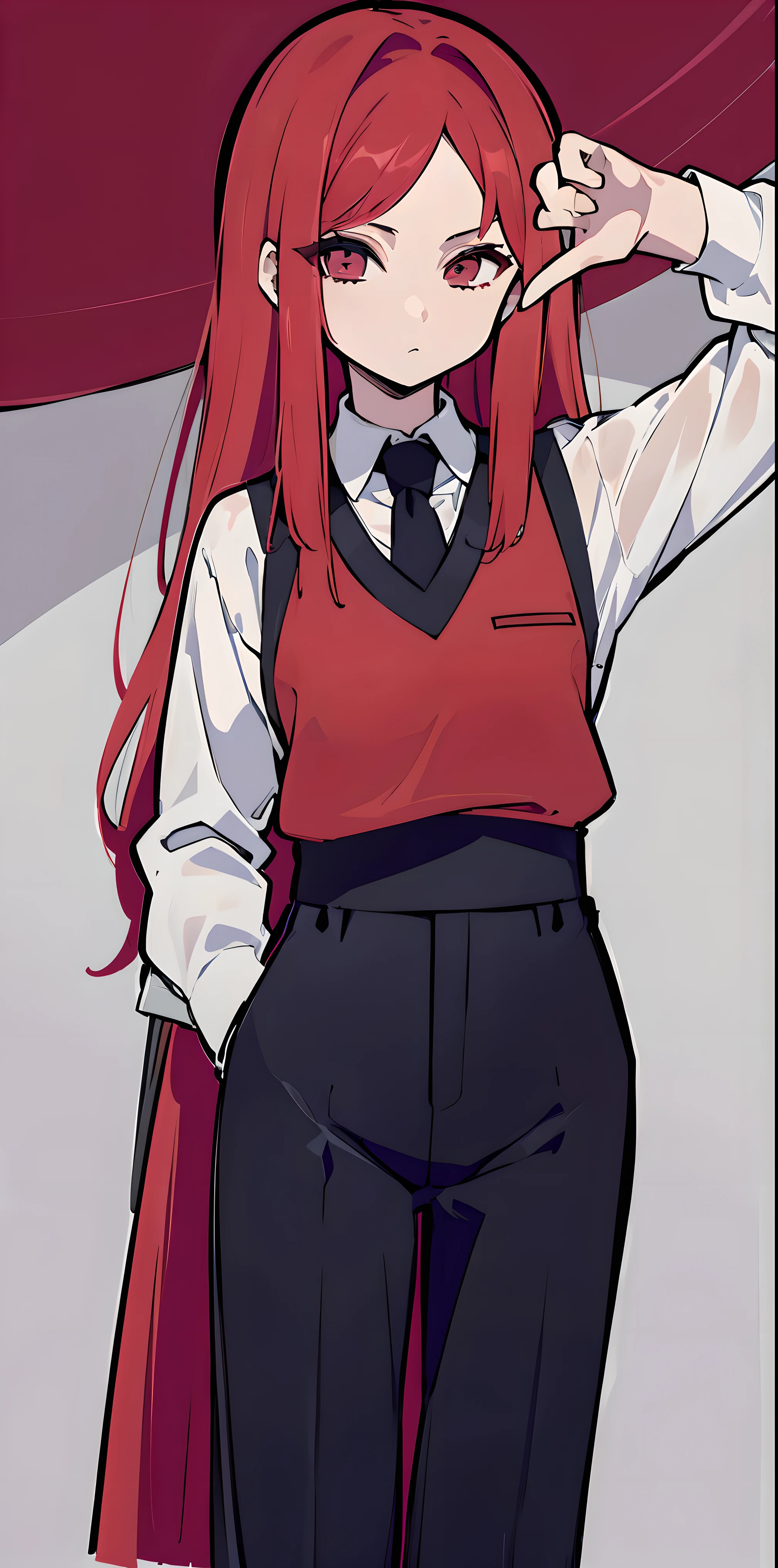 ((Obra maestra)) una mujer, enojada, mirando hacia el espectador, Long sleeve shirt black pants red tie,High resolution 8K, ultra detallado, cabello rojo.