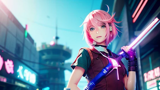 Lively anime style、cyberpunked、red green blue keynote、Beautiful girl with light pink hair、student clothes、2Hold the sword、pc wallpaper