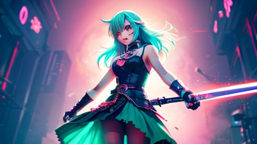 Lively anime style、cyberpunked、red green blue keynote、Beautiful girl with light pink hair、Dress appearance、2Hold the sword、pc wallpaper