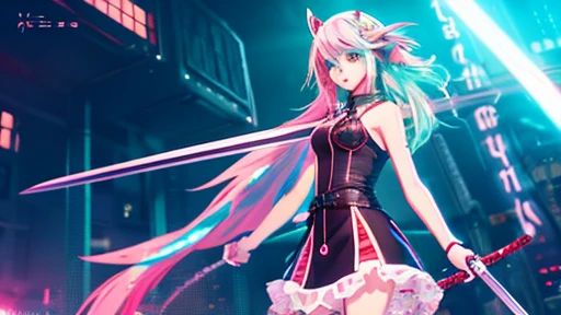 Lively anime style、cyberpunked、red green blue keynote、Beautiful girl with light pink hair、Dress appearance、2Hold the sword、pc wallpaper