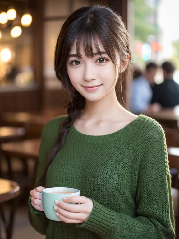 (8k, RAW photo, best quality, masterpiece, ultra detailed:1.2),(realistic, photo-realistic:1.4), sharp focus, depth of field, blur background, bokeh, cinematic lighting, soft light, cute Japanese idol, 23 years old,  (detailed skin: 1.2), pale skin, brown eyes, smiling, looking at viewer , dark green sweater, (upper body shot:1.2), simple cafe, coffee cup