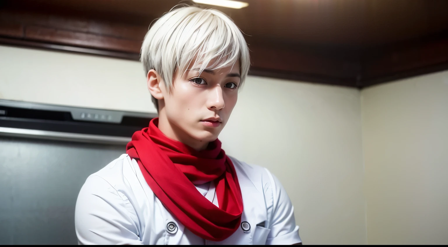 masterpiece, best quality, high quality, 1boy, solo, male focus, looking at viewer, upper body, tsukasa_eishi, white_hair, red_scarf, kitchen, cooking