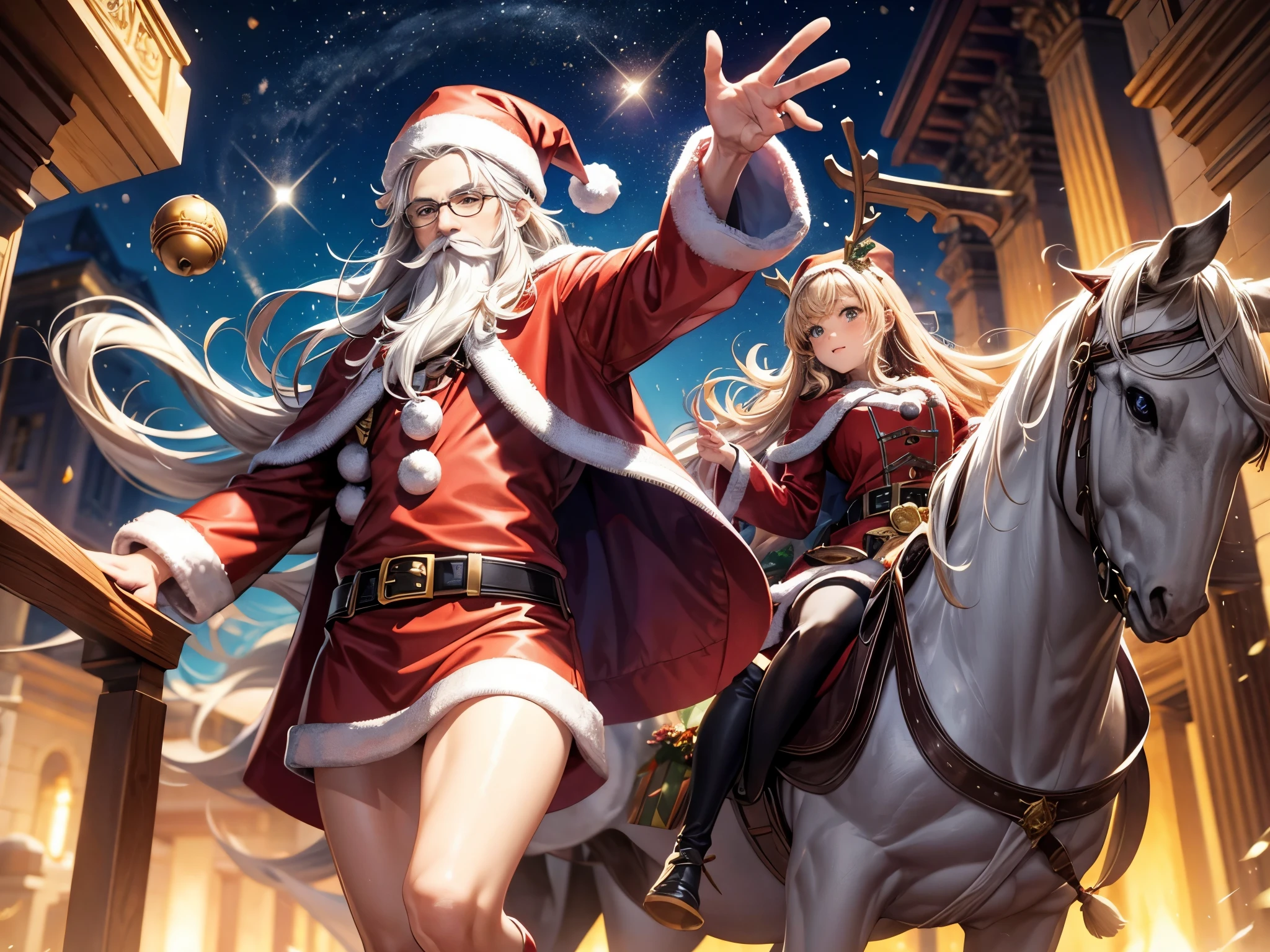 Visualize Santa's sleigh navigating through time portals surrounded by dynamic fractals, incorporating elements from various historical holidays and celebrations.