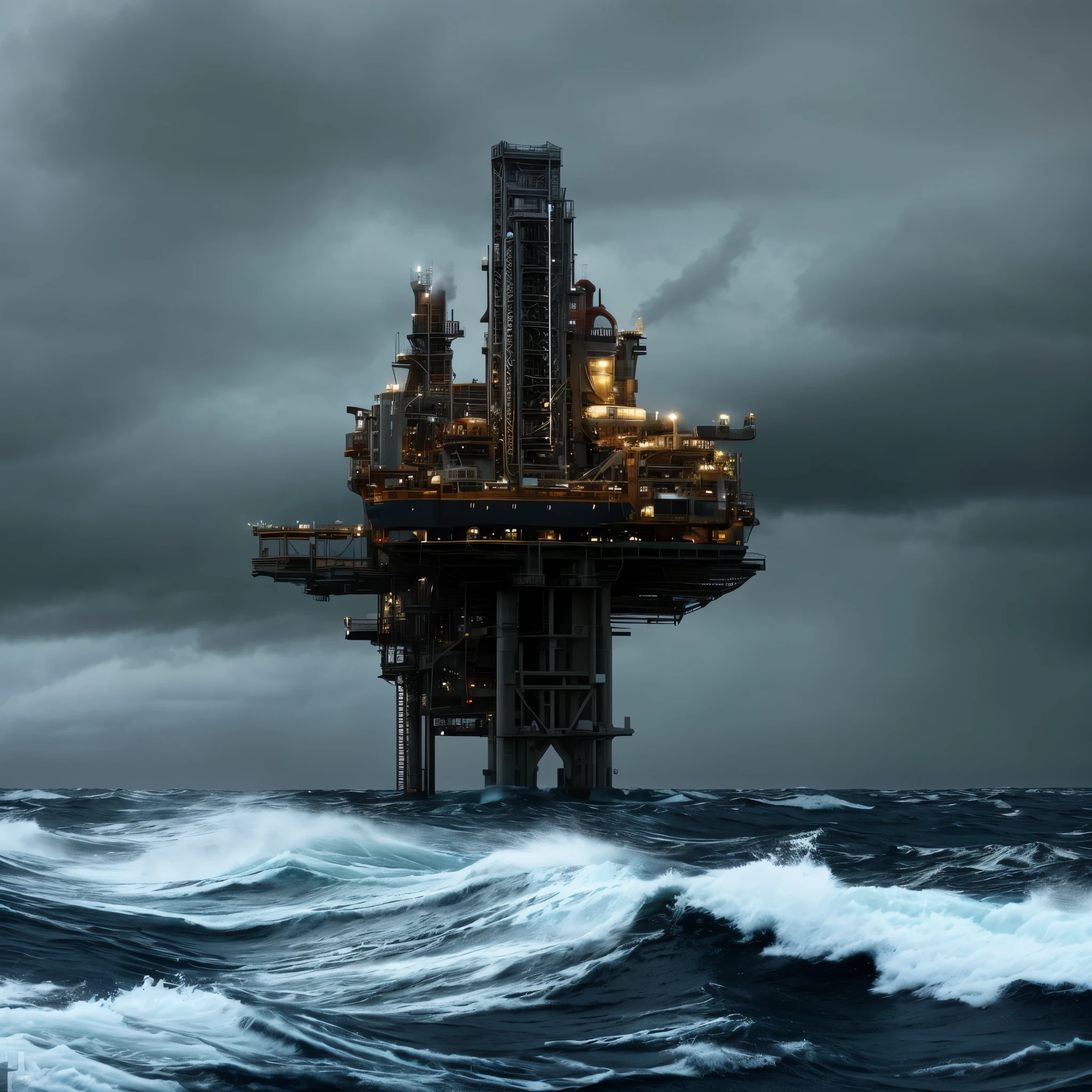 arafed oil rig in the middle of a stormy ocean, oil rig, oil dereks on horizon, highly realistic concept art, extremely detailed photography, highly detailed photography, ultra realistic concept art, nadav kander, by Derek Hill, by John Murdoch, alexey egorov, offshore winds, highly realistic photography, by John Atherton