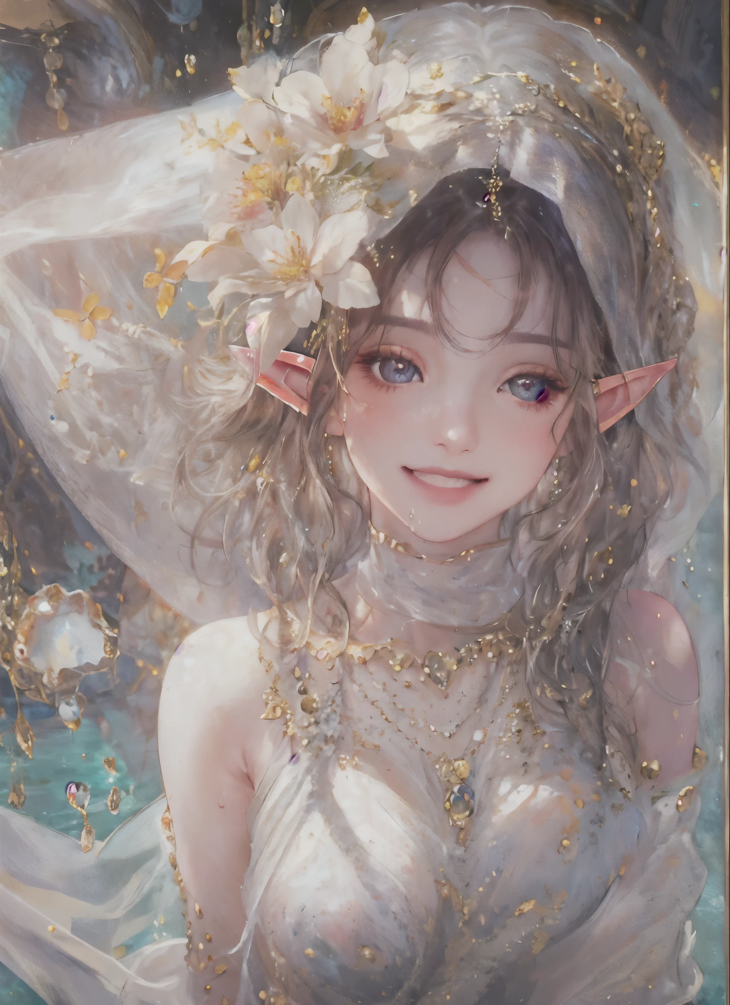 1girl,harem outfit,(face veil),portrait,detailed face,masterpiece, high quality,light particle,sunlight, looking at viewer,(masterpiece:1.2),(best quality:1.2),realistic,detailed background,nsfw,smile,see-through, honey,water,wet clothes,flower,elf,veil,armpits,nsfw