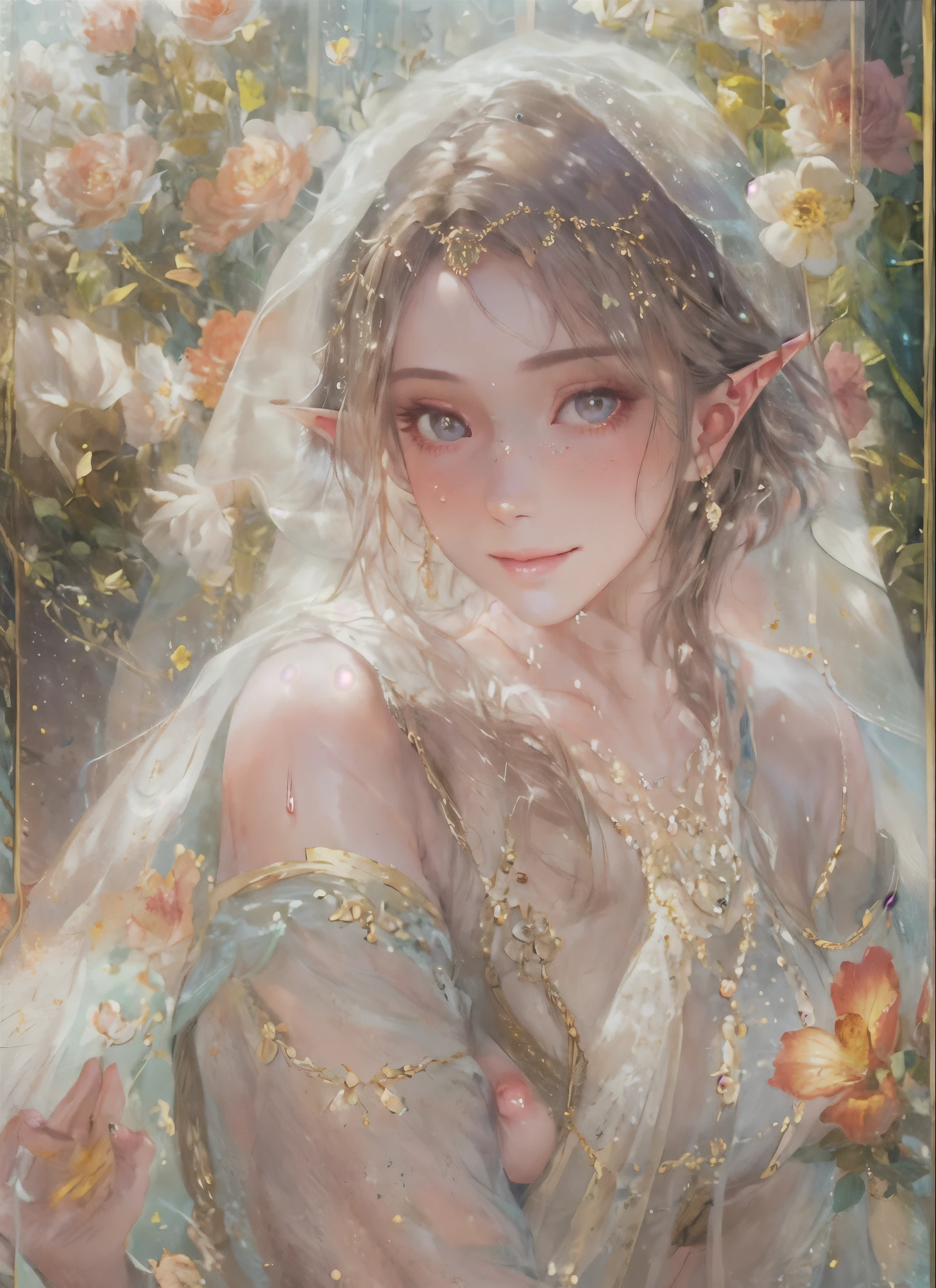 1girl,harem outfit,(face veil),portrait,detailed face,masterpiece, high quality,light particle,sunlight, looking at viewer,(masterpiece:1.2),(best quality:1.2),realistic,detailed background,nsfw,smile,see-through, honey,water,wet clothes,flower,elf,veil,armpits,nsfw