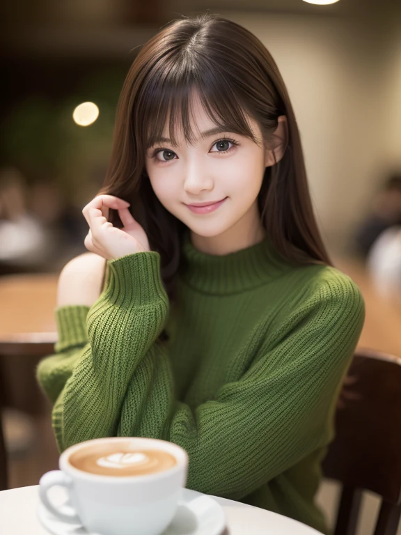 (8k, RAW photo, best quality, masterpiece, ultra detailed:1.2),(realistic, photo-realistic:1.4), sharp focus, depth of field, blur background, bokeh, cinematic lighting, soft light, cute Japanese idol, (detailed skin: 1.2), pale skin, brown eyes, smiling, happy, looking at viewer , dark green sweater, (upper body shot:1.2), simple cafe, coffee cup