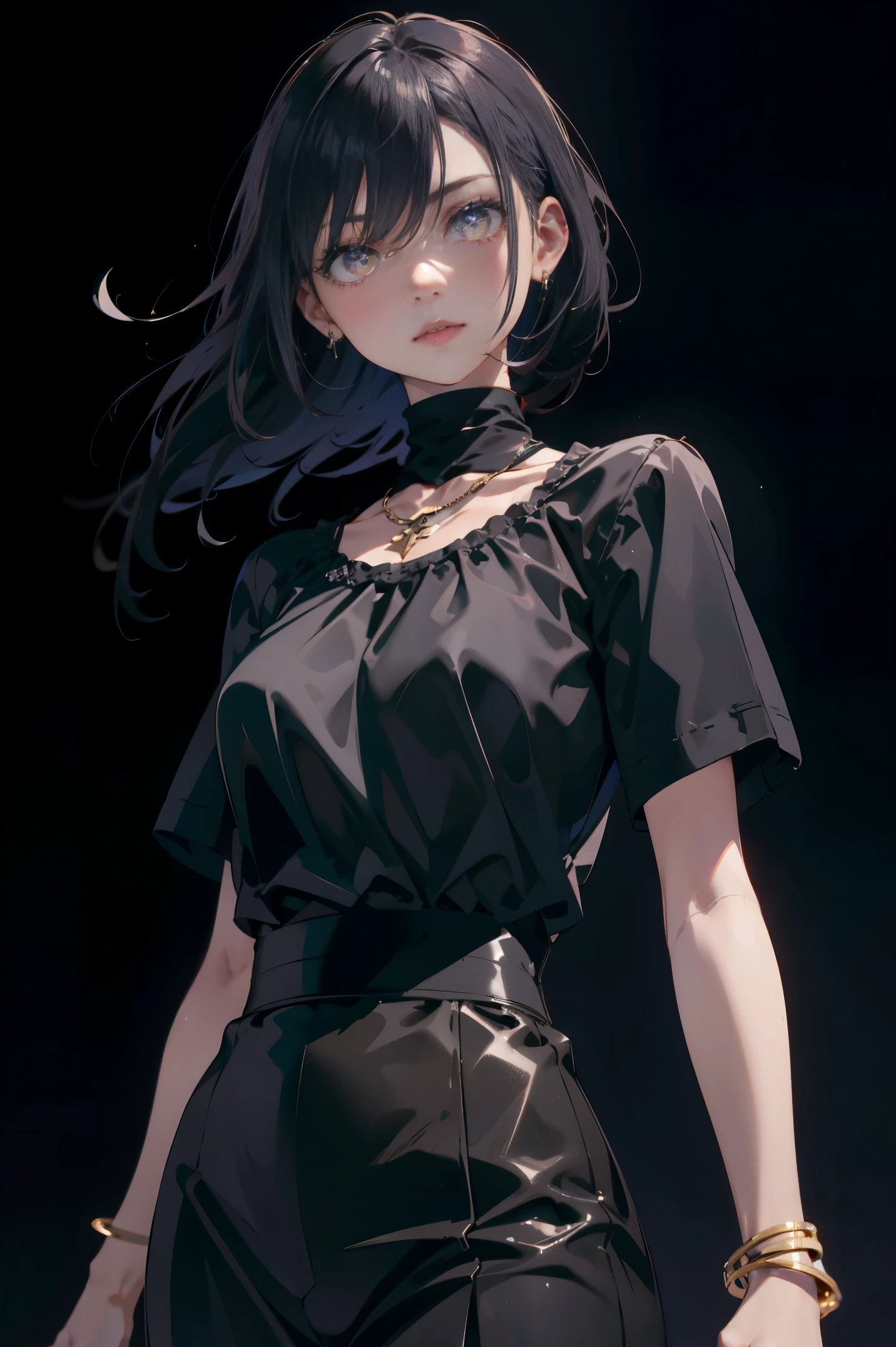 a 20 yo woman、Black blue Hair、poneyTail、(hi-top fade:1.3)、dark themed、Muted Tones、Subdued Color、highly contrast、(natural skin textures、Hyper-Realism、Soft light、sharp)、makeup, mascara, Lips are subdued or colors, simple black background, Minimalism, monotone, simple color palettes, Clean, sharp designs, flowing silhouettes, Tight skirts and pants, high-waisted skirts and pants, simple dresses, shirts and blouses, asymmetrical, geometric, Elegant and luxurious materials and designs, Simple, minimal accessories, Slim necklaces and rings in silver or gold, Simple bangles, Distinctive designs, simple silhouettes, simple and sophisticated style, elegance, minimalism, high quality materials, cool and urban impression, high fashion, simplicity and sophistication,