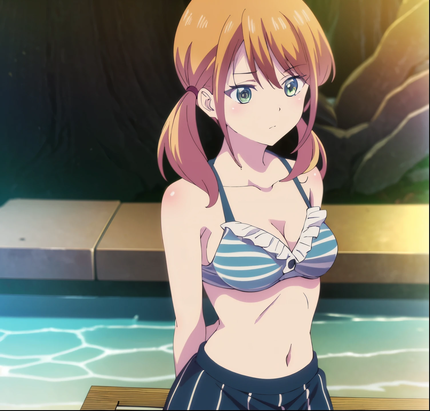 ビキニを着たアニメの女の子がプールの前で立っている - SeaArt AI