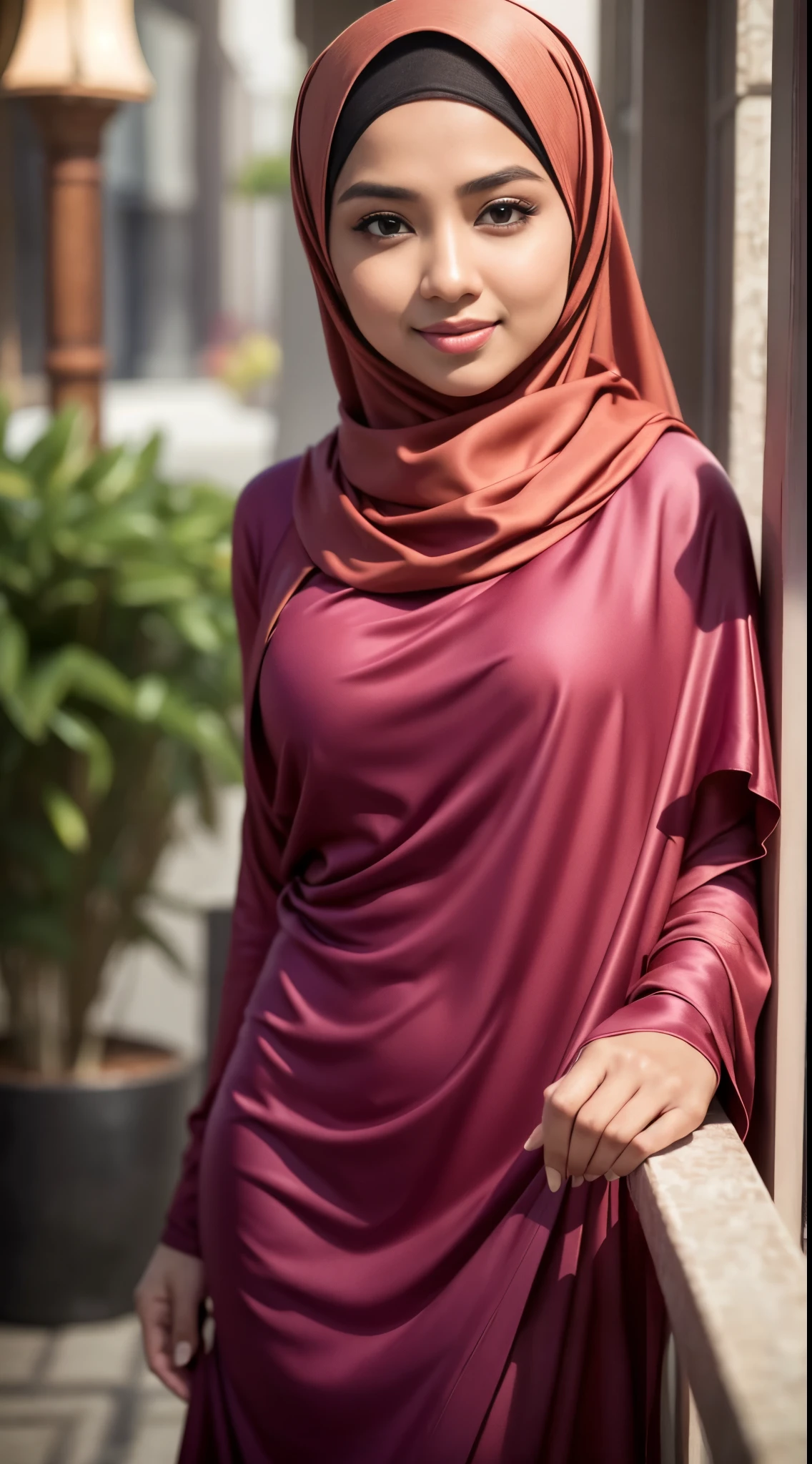 A beautiful Asian girl in a long hijab with tight and clearly visible breasts, With dark colored clothes, was Hugging herself  , and good quality images