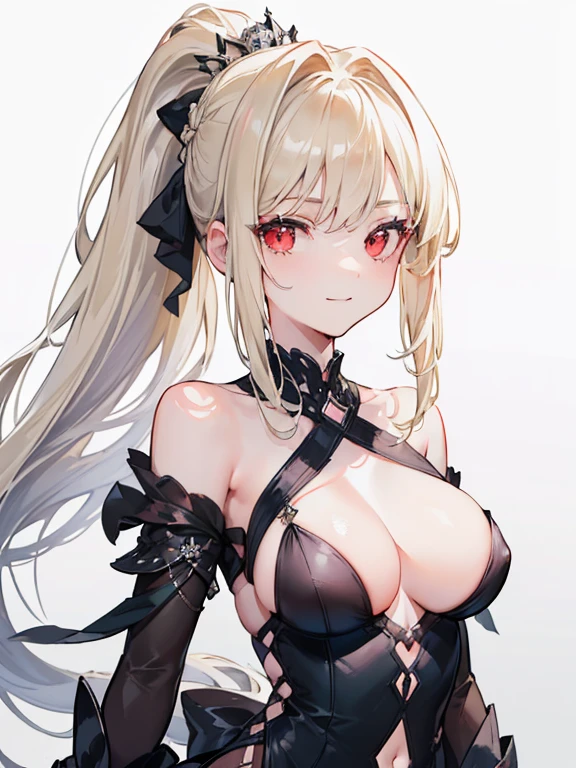 (bestquality, masterpiece), (An elegant girl , 1girl , solo, "black and silver Dress ", off-the-shoulder, boobs standing, looking at the audience, "Blonde Hair", Long-haired, "Ponytail" , Diadem, Gradient Red eyes, closed mouth, smile , upper body ), (white background)