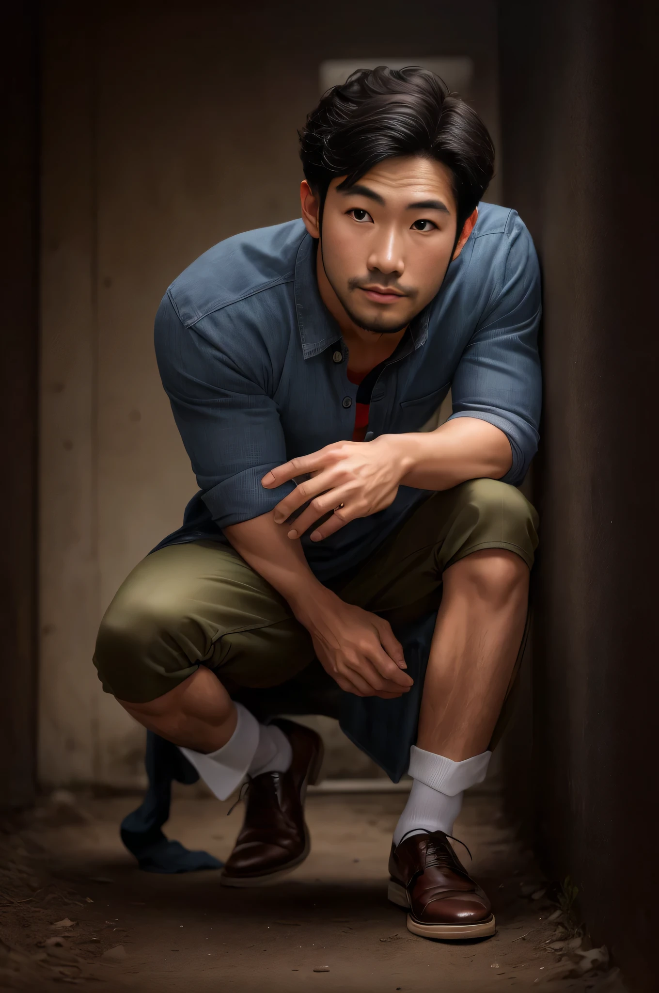 An arafi man who poses by crouching down with his hands on his knees, male model, masculine pose, Model Posing, Asian Male, Korean Male, profile pose,, thin young male, Man Standing in Defensive Pose, Casual pose, model standing pose, Engaging pose, dramatic serious pose, profile pose