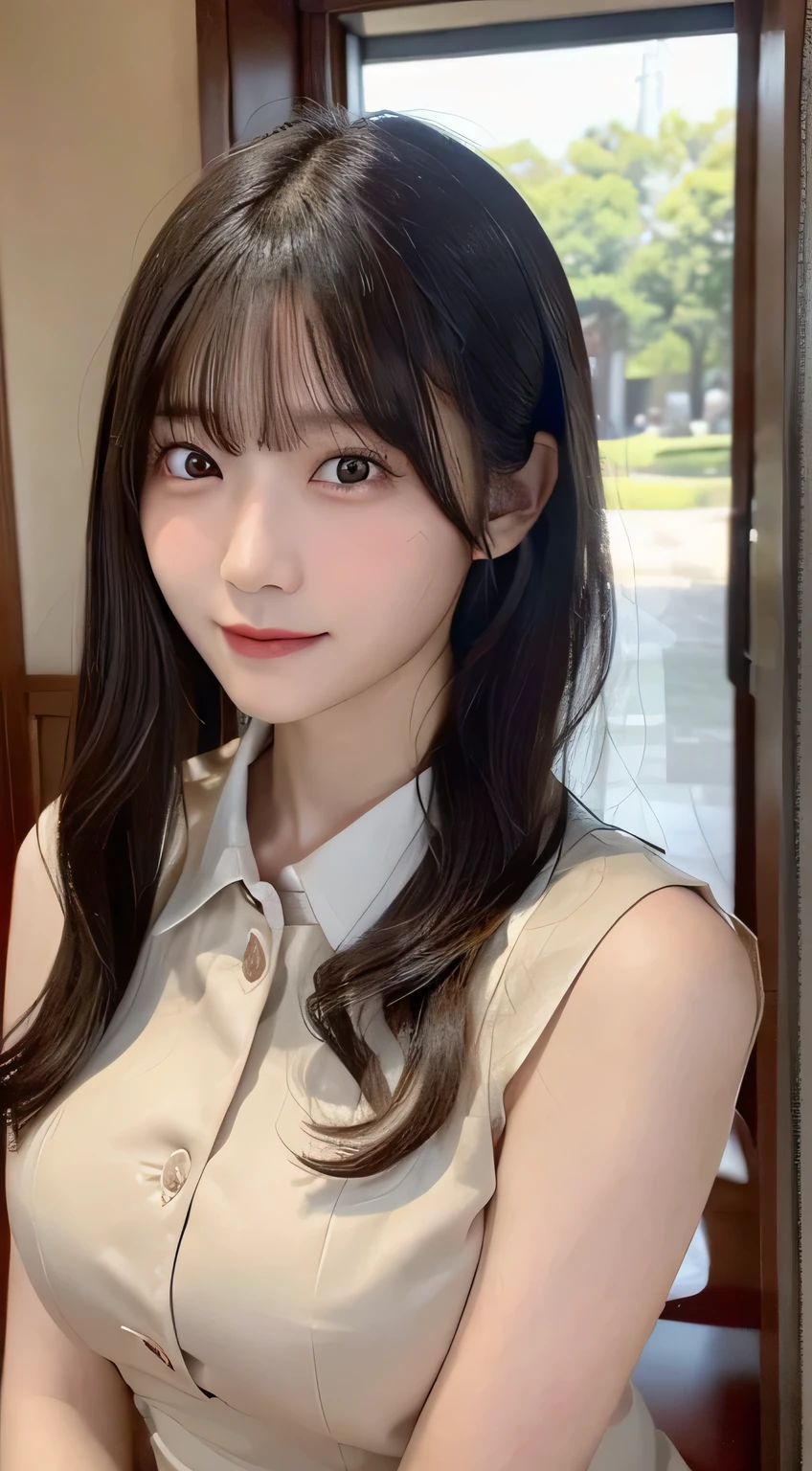 (top-quality,masterpiece:1.3,超A high resolution,),(ultra-detailliert,Caustics),(Photorealsitic:1.4,RAW shooting,)Ultra-realistic capture,A highly detailed,High resolution 16K human skin closeup。 Skin texture is natural、,The pores are、Must be detailed enough to be easy to identify。 Skin should look healthy with even tones。 Use natural light and color,resturant,(Waitress uniform:1,3),1人,japanes,18year old,kawaii,A dark-haired,Middle hair,(large boob:1.2),smil,Turn your body to the front,(front-facing view:1.2),Looking at the camera,FULL BODYSHOT:1.1,Gaze,boob focused:1.1,Chest close-up:1.1