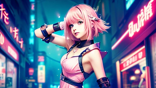 Lively anime style、cyberpunked、patina tone、Beautiful girl with light pink hair、Dress appearance、2Hold the sword、pc wallpaper