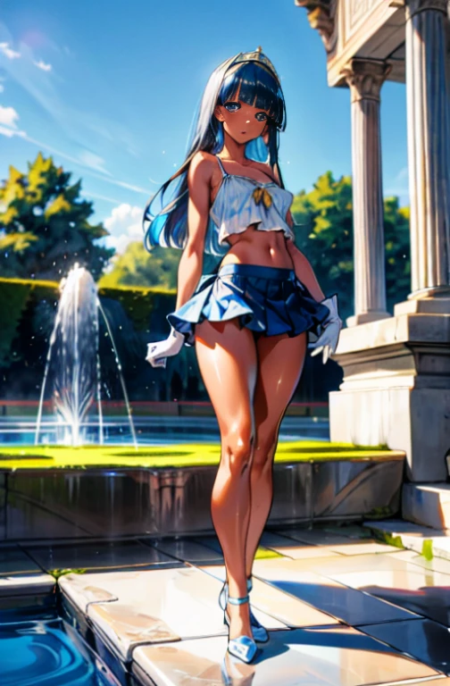 1girl, , flat chest, short hair, (parted bangs:1), roman garden, artificial fountain, outdoors, full body, erect nipple, red bow tie, (curvy hips:1.2), semi-transparent white camisole, blue eyes, (dark skin:1), shiny skin, bare hips, standing, white gloves