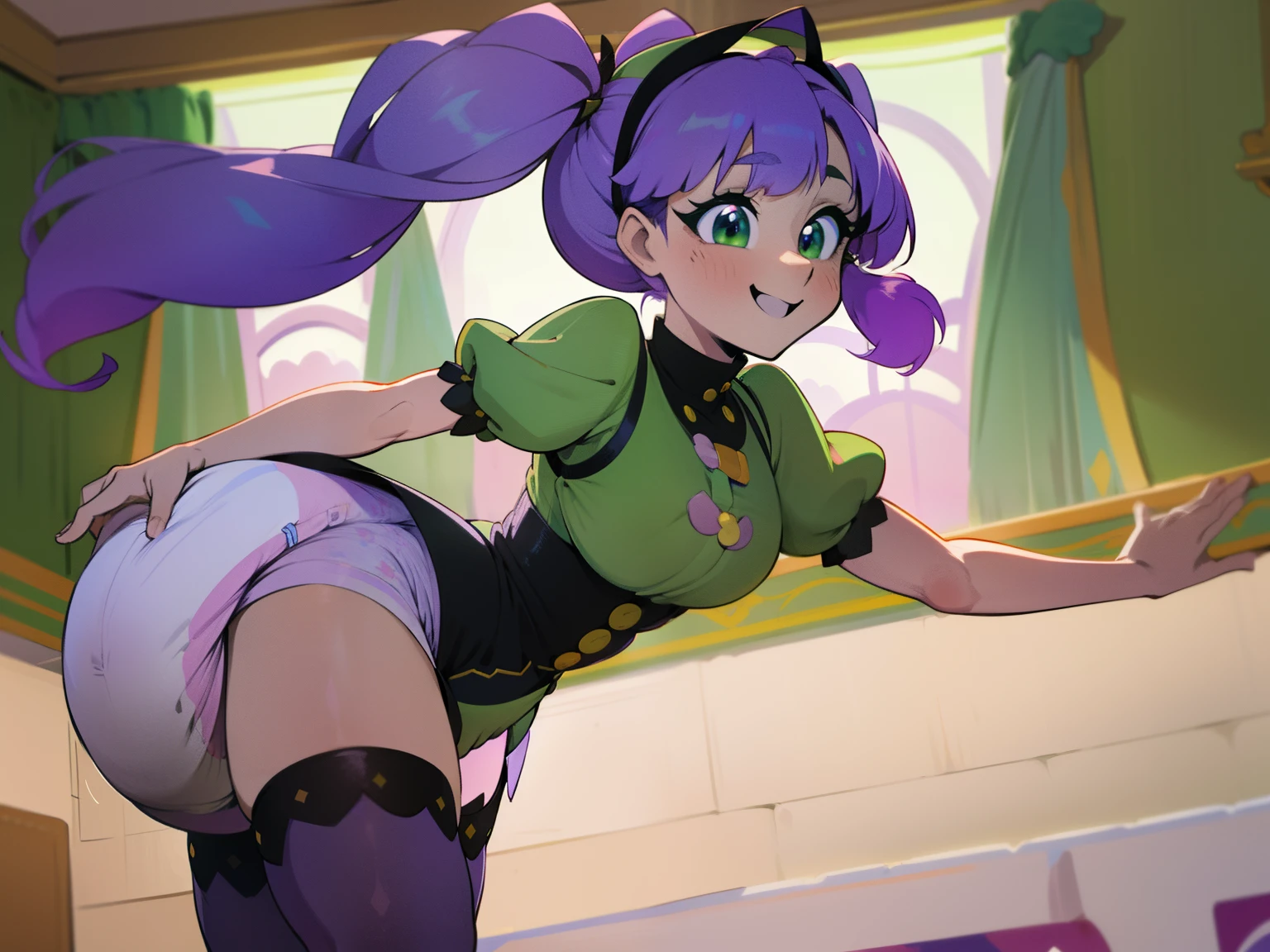 masterpiece, detailed face, absurdres, Highly detailed, High Quality, makotop5, thick diaper, diaper mess, eyes open, happy face, joyful, standing, indoors, goth female, cute outfit, no pants, thigh high stockings, messy diaper, light purple hair color, pigtails, soft green eye color, heavy sagging diaper, slightly chubby body shape