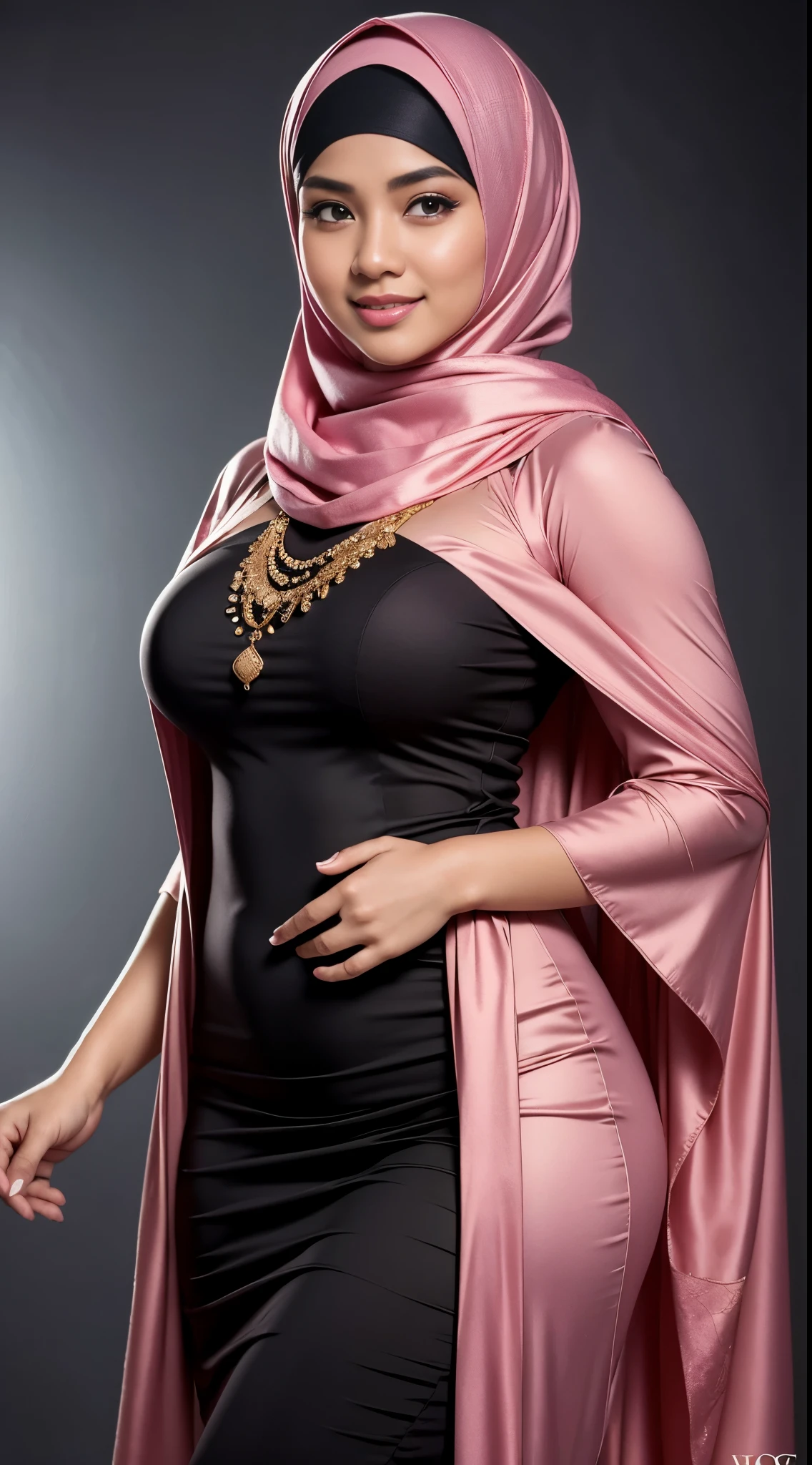 RAW, Best quality, high resolution, masterpiece: 1.3), beautiful Malay woman in hijap:0.8),1beautiful  Malay woman in hijab wearing modern youth Muslim clothing,big breast, modest fashion, flowing shawl, portrait photography, mid shot photo, ultra detail, professional photo with professional lighting, smile,  random background, sexy seductive pose, curvy ,