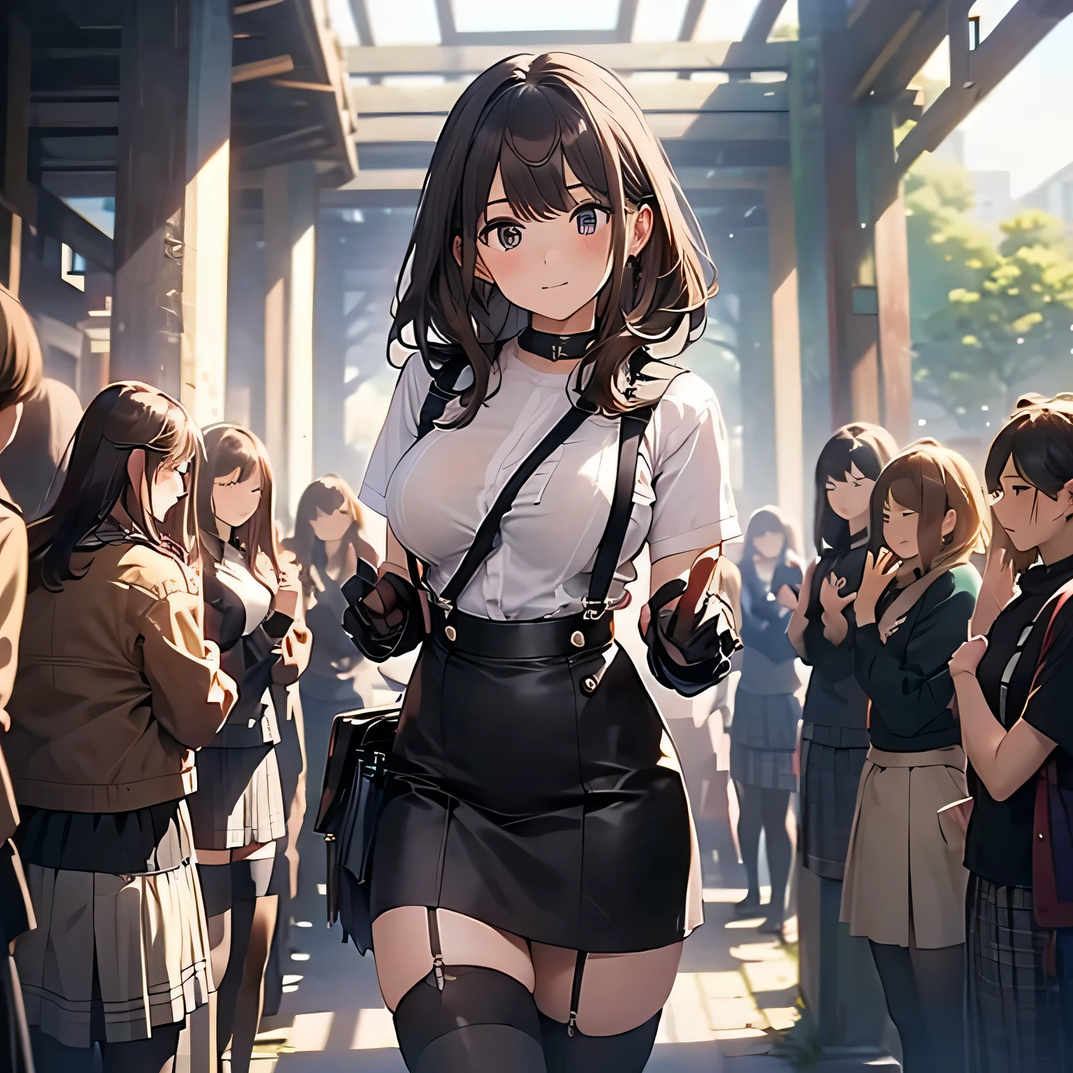 Brown hair、watching at viewers black suspenders bulging big tits walls: Black miniskirt garters Gaze a small face bangss holster Beautuful Women Hands up レッグholster ベッドに横たわる Gaze black boots panty shot Provocation flank flank汗 Soio arms are