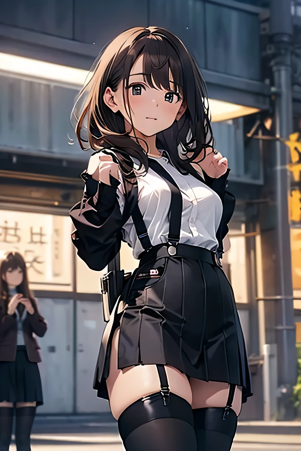 Brown hair、watching at viewers　　　black suspenders　　　bulging big tits　　 　 　　　walls: 　Black miniskirt　garters　　　　　　Gaze　　　a small face　bangss 　　　holster　　　Beautuful Women　　Hands up　　レッグholster ベッドに横たわる　　Gaze 　black boots panty shot　Provocation　flank　flank汗　Soio 　arms are